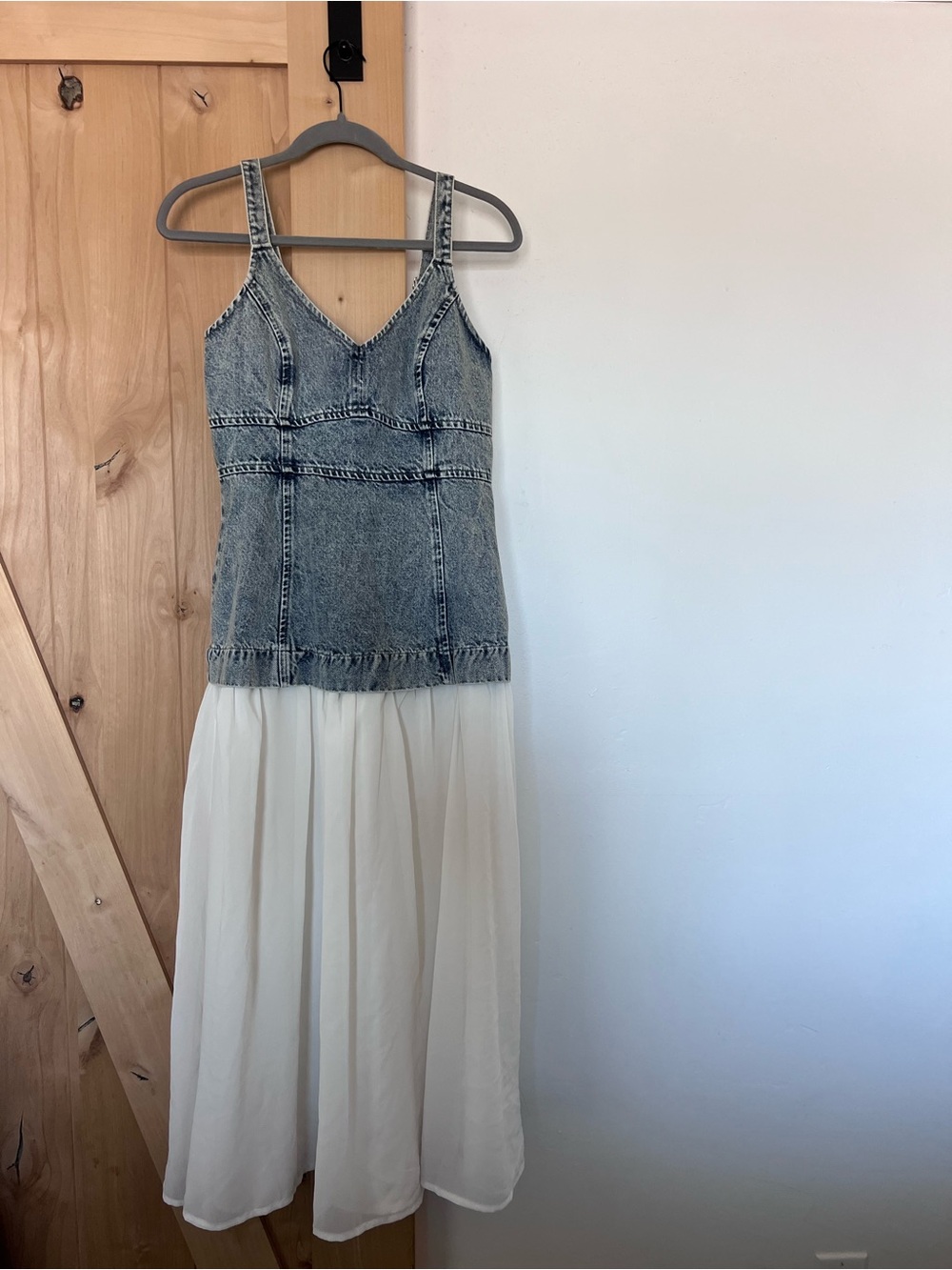 Moon River Blue Denim-Look Bodice with White Midi Skirt Dress